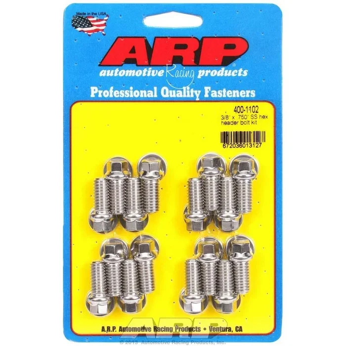 ARP Stainless Steel Header Bolt Kit – Ford – 3/8 ” Diameter, .750 ” Length – Hex Head – (16 Pack)