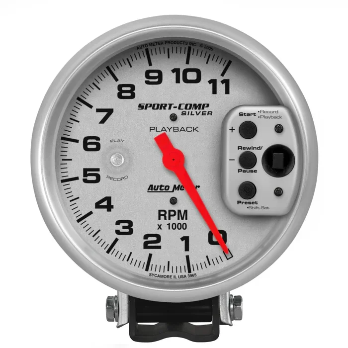 Auto Meter Ultra-Lite 11000 RPM Tachometer – Electric – Analog – 5 in Diameter – Pedestal Mount – Playback – Silver Face