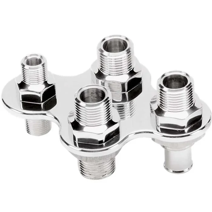 Billet Specialties A/C & Heater Firewall Bulkhead – Polished – Two 5/8 in. Hose Barbs – Male -6 AN – Male -10 AN