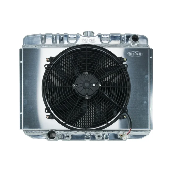 Cold-Case Aluminum Radiator and Fan – 25 ” W x 21.25 ” H x 3 ” D – Passenger Side Inlet – Driver Side Outlet – Polished – Automatic – Big Block Ford – Ford Mustang 1967-70