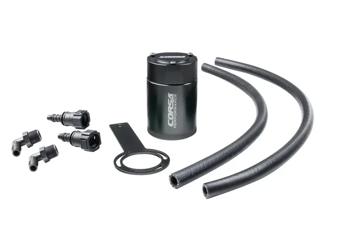 Corsa Air-Oil Separator – 3 oz – 2-3/8 in Diameter – 3-5/8 in Tall – 3/8 in NPT Female Inlet/Outlet – Black – GM Fullsize SUV/Truck 2014-20