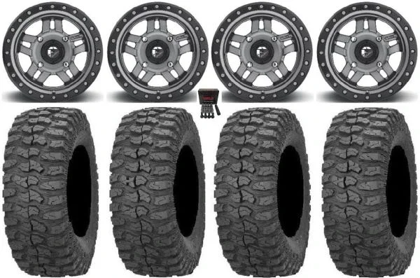 Fuel Anza Gunmetal 14″ Wheels 28″ Rock-A-Billy Tires Kawasaki Mule Pro FXT KRX / Yamaha Wolverine RMAX / YXZ 2019+