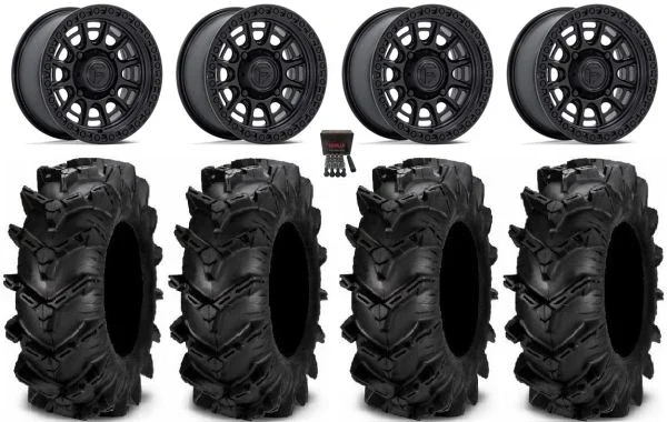 Fuel Cycle 15″ Wheels Black +38mm 32″ Cryptid Tires Kawasaki Teryx Mule