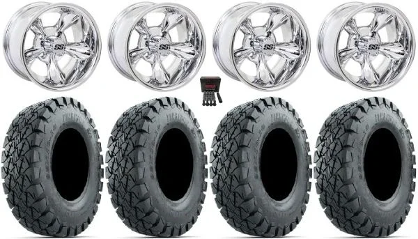 GTW Godfather 14″ Golf Wheels Chrome 22″ Timberwolf A/T Tires E-Z-GO & Club Car