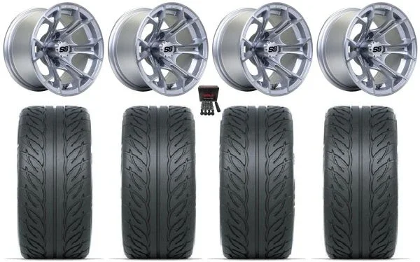 GTW Spyder 14″ Wheels Silver Brush 205×40 Fusion GTR Tires E-Z-GO & Club Car