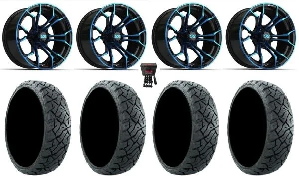 GTW Spyder 15″ Golf Cart Wheels Black/Blue 23″ Maverick Tires Yamaha