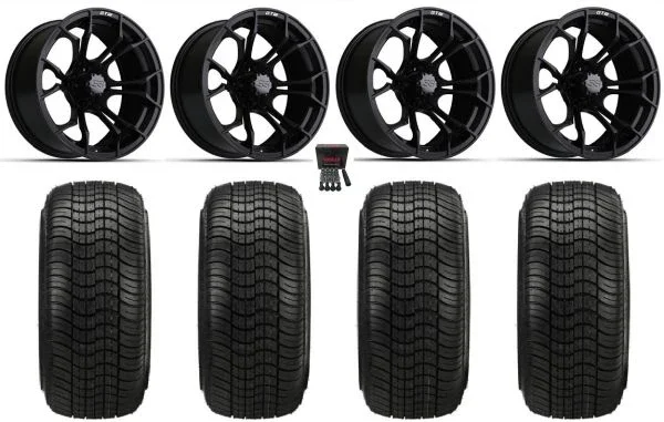 GTW Spyder 15″ Golf Cart Wheels Matte Black 205×35 Elite Tires Yamaha