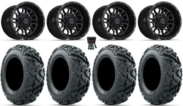 GTW Volt 14″ Wheels Black/Machined 25″ Barrage Mud Tires E-Z-GO & Club Car