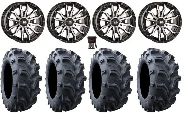 High Lifter HL21 14″ Wheels Machined 28″ Vampire II Tires Kawasaki Mule Pro FXT KRX / Yamaha Wolverine RMAX / YXZ 2019+