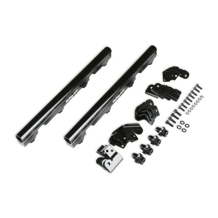 Holley EFI Fuel Rail – 8 AN O-Ring Inlet – 3/4-16 O-Ring Outlets – Brackets/Hardware/Fittings – Aluminum – Black – Gm LS-Series