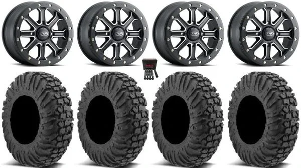 ITP Inertia Beadlock 14″ Wheels Bk +40mm 32″ MotoVator Tires Kawasaki Teryx Mule