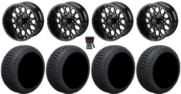 LSI Black Widow 14″ Golf Wheels Gloss Black 205×30 Cruze Tires E-Z-GO & Club Car