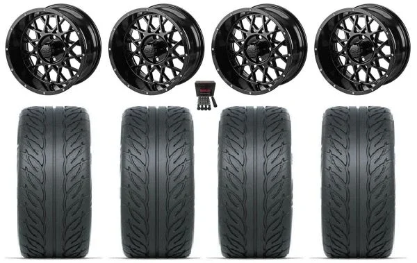 LSI Black Widow 14″Wheels Gloss Black 205×40 Fusion GTR Tires E-Z-GO & Club Car