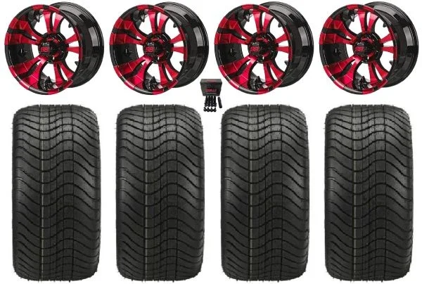 LSI Warlock 12″ Golf Wheels Black/Red Elite 215×40-12 Tires Yamaha