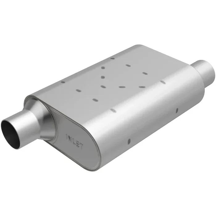 Magnaflow Rumble Muffler – 2-1/2 in Offset Inlet – 2-1/2 in Offset Outlet – 13 x 4-1/4 x 9-1/2 in Oval Body – 18-1/2 in Long – Stainless