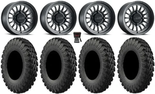 Method 411 15″ Black (4+3) Wheels 33″ MotoRally Tires Can-Am Maverick X3 / Honda Pioneer 1000 / Talon
