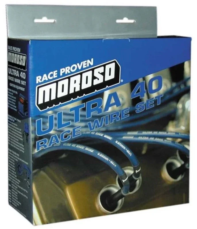Moroso Ultra 40 Spiral Core 8.65 mm Spark Plug Wire Set – Sleeved – Blue – 135 Degree Plug Boots – HEI Style Terminal – Small Block Ford