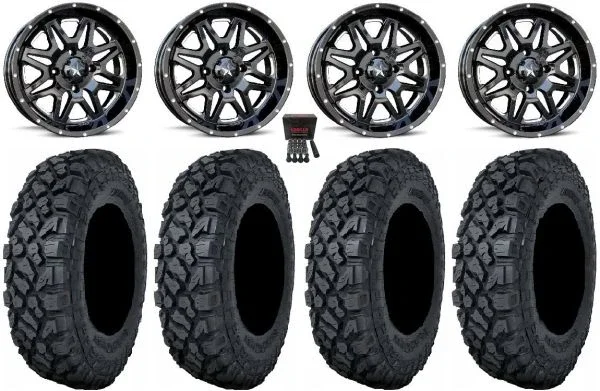 MSA Black Vibe 14″ UTV Wheels 28″ Klever X/T Tires Honda Pioneer