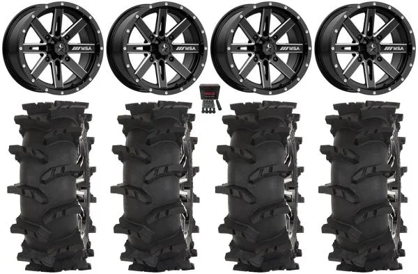 MSA Boxer 15″ Wheels Milled 33″ Outlaw Max Tires Yamaha Viking Wolverine YXZ1000R