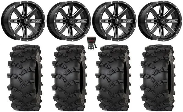 MSA Boxer 15″ Wheels Milled 35″ Outlaw M/T Tires Yamaha Viking Wolverine YXZ1000R