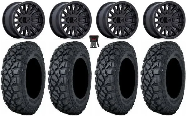 MSA Creed 14″ Wheels Black 28″ Klever X/T Tires Kawasaki Mule Pro FXT KRX / Yamaha Wolverine RMAX / YXZ 2019+