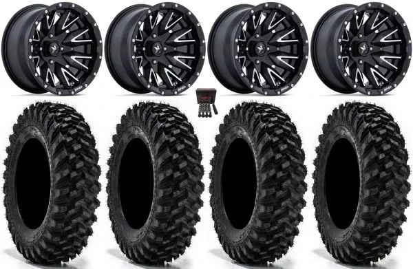 MSA Creed 14″ Wheels Machined 28″ Warrior XT Tires Can-Am Commander Maverick Renegade Outlander Defender