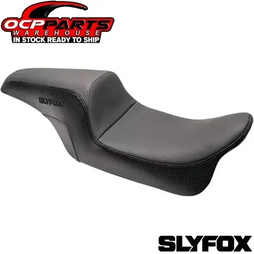 NEW SLYFOX BLACK LOGO SMOOTH VINYL/CARBON SEAT FOR MANY 1997-2007 HARLEY MODELS