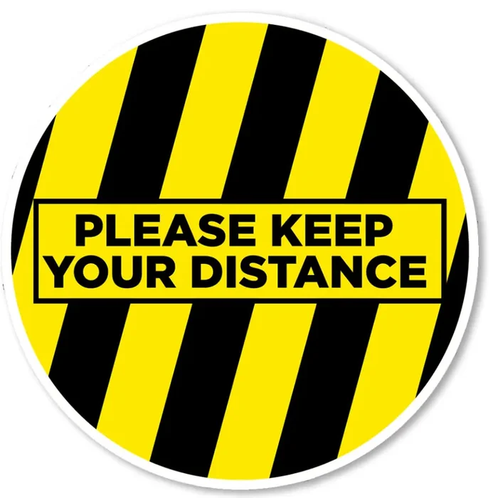 Please Keep Your Distance 12″ Circle Blk/Ylw Floor Sign