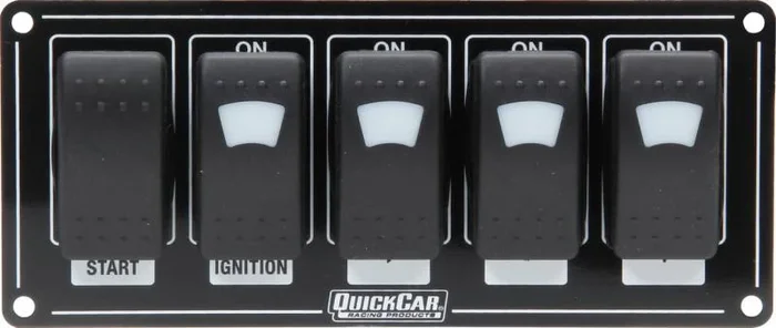 QuickCar Dash Mount Switch Panel – 7 x 3 in – 4 Rockers / 1 Momentary Rocker – Lighted – Black
