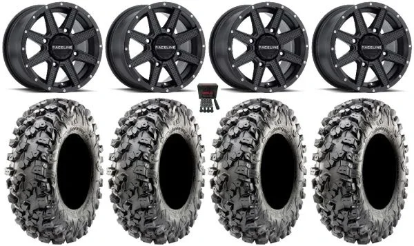 Raceline Hostage 14″ Wheels Black 28″ Carnivore R/T Tires Can-Am Commander Maverick Renegade Outlander Defender