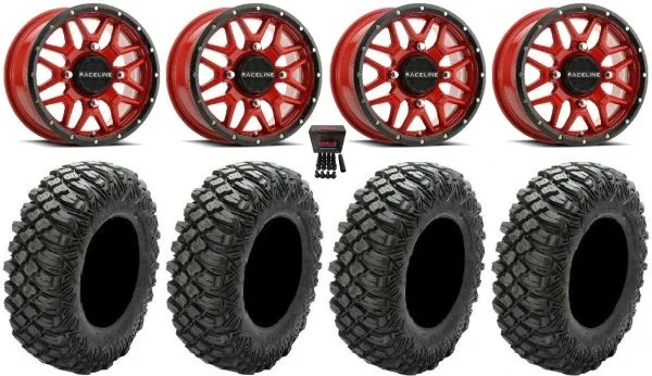 Raceline Krank 14″ Red Wheels 28″ Crawler XR Tires Polaris RZR XP 1000 / PRO XP / Ranger XP 900/1000