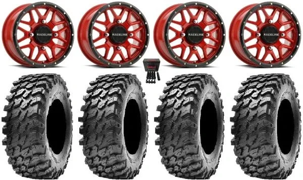 Raceline Krank 14″ Red Wheels 32″ Rampage Tires Polaris RZR XP 1000 / PRO XP / Ranger XP 900/1000