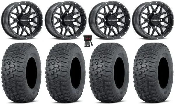 Raceline Krank 14″ Wheels Black 27″ Terra Hook Tires Sportsman 550 850 1000