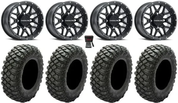Raceline Krank 15″ Wheels Black 28″ Crawler XG Tires Can-Am Commander Maverick Renegade Outlander Defender