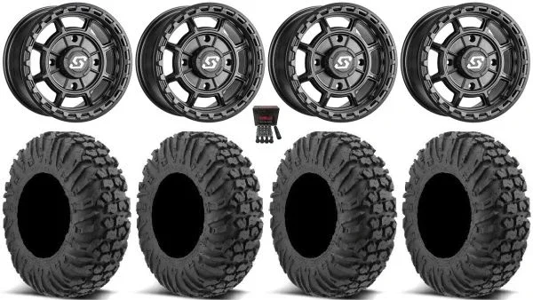 Sedona Rift 14″ Wheels Black 28″ MotoVator Tires Can-Am Commander Maverick Renegade Outlander Defender