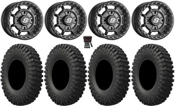 Sedona Rift 15×6 Wheels Black 33″ MotoCrusher Tires Kawasaki Mule Pro FXT KRX / Yamaha Wolverine RMAX / YXZ 2019+