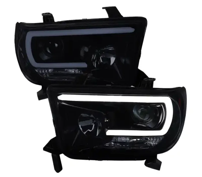 Spec-D Tuning Toyota Tundra Projector Headlight – Gloss Black Housing – Light Smoke Lens – LED Tube 2LHP-TUN07G-G2-TM