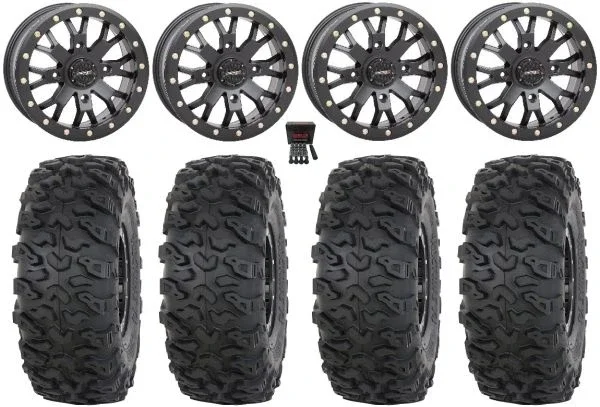 System 3 SB-4 14″ Wheels Black (6+1) 32″ Roctane T4 Tires Can-Am Commander Maverick Renegade Outlander Defender