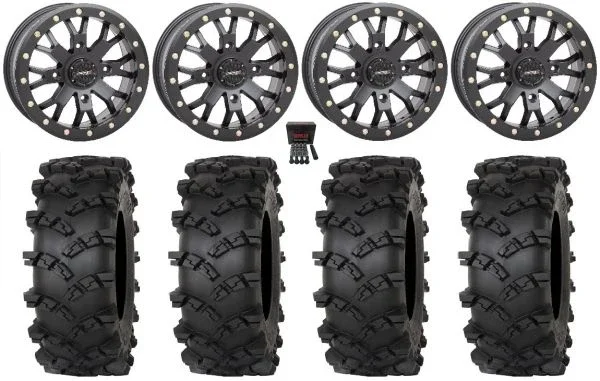 System 3 SB-4 15″ Wheels Black (6+1) 32″ Outlaw M/T Tires Kawasaki Mule Pro FXT KRX / Yamaha Wolverine RMAX / YXZ 2019+