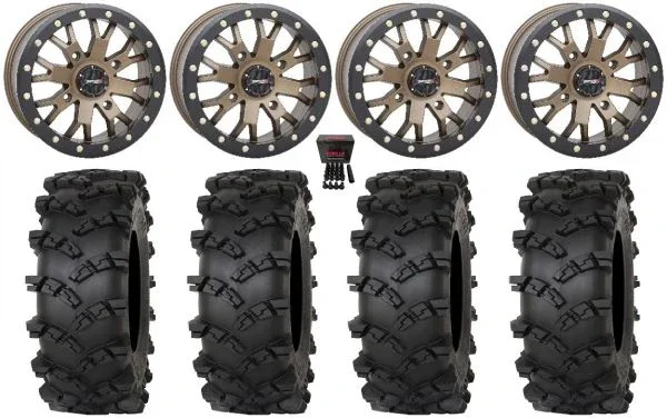 System 3 SB-4 15″ Wheels Bronze (4+3) 33″ Outlaw M/T Tires Can-Am Maverick X3 / Honda Pioneer 1000 / Talon