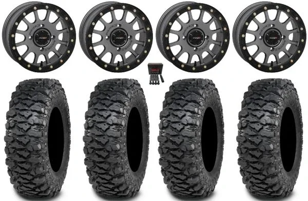 System 3 SB-5 14″ Wheels Grey 28″ Savage XT Tires Polaris Sportsman / RZR / Ranger