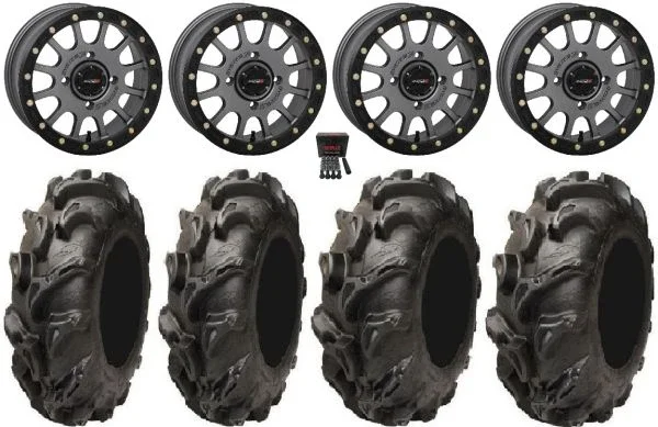 System 3 SB-5 Grey 14″ Wheels 28″ Mega Mayhem Tires Kawasaki Teryx Mule