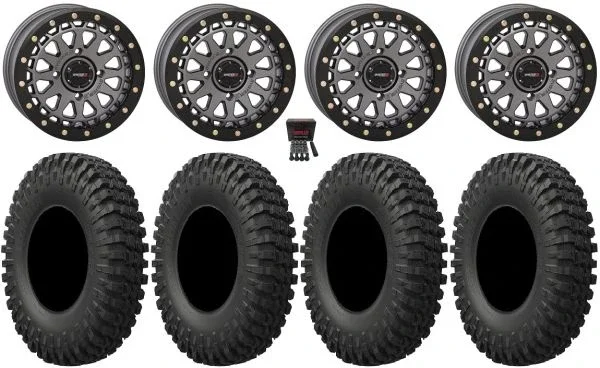 System 3 SB-6 15″ Wheels Gunmetal (4+3) 33″ MotoCrusher Tires Can-Am Commander Maverick Renegade Outlander Defender