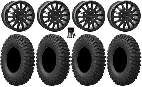 System 3 SB-8 Bdlk 15″ Wheels Bk +38mm 37″ MotoCrusher Tires Can-Am Maverick R