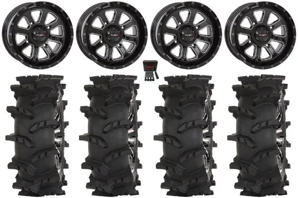 System 3 ST-4 14″ Wheels Black 28″ Outlaw Max Tires Kawasaki Teryx Mule