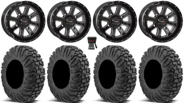 System 3 ST-4 Black 14″ Wheels 28″ MotoVator Tires Kawasaki Mule Pro FXT KRX / Yamaha Wolverine RMAX / YXZ 2019+