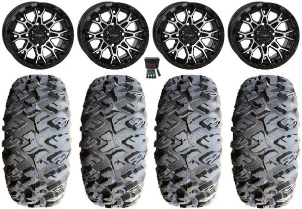 System 3 ST-6 14″ Wheels Black 32″ MotoClaw Tires Kawasaki Teryx Mule