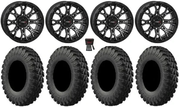 System 3 ST-6 14″ Wheels Dark Tint 28″ MotoRally Tires Kawasaki Mule Pro FXT KRX / Yamaha Wolverine RMAX / YXZ 2019+