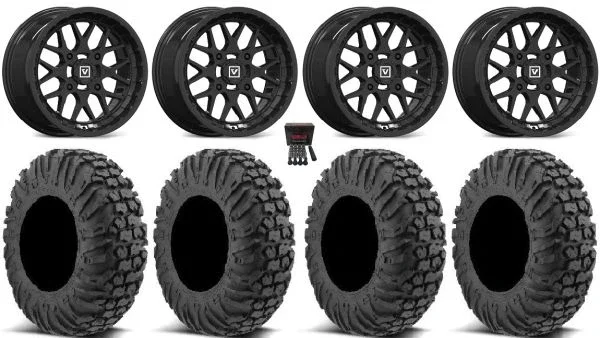 Valor V03 14″ Wheels Black 28″ MotoVator Tires Yamaha Viking Wolverine YXZ1000R CFMoto ZForce 950 UForce 1000