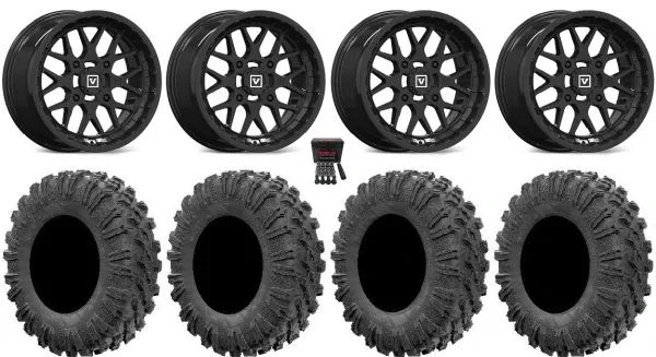 Valor V03 14″ Wheels Black 30″ MotoRavage Tires Polaris Sportsman / RZR / Ranger